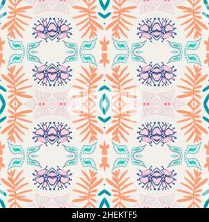 Abstraktes Folk-Ornament. Nahtloses Ethno-Design. Aquarell Blume Hintergrund. Stockfoto