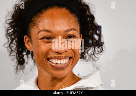 Allyson Felix (Women's 400m) aus den Vereinigten Staaten von Amerika (USA) nimmt an der Pressekonferenz vor dem Meeting de Paris, IAAF Wanda Diamond League, Teil Stockfoto