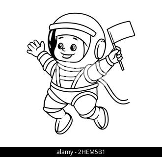 Malbuch: Ein Astronaut-Kleinkind in einem Helm und einem Raumanzügen winkt eine Pionierflagge. Vektorgrafik im Cartoon-Stil, schwarz-weiß isoliert Stock Vektor