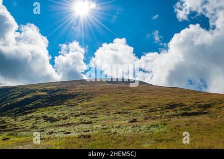 Der Gipfel des Berges Hoverla in den Karpaten, ein sonniger Tag, eine touristische Route. Sommerlandschaft in den Bergen. Stockfoto