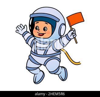 Ein kleiner Astronaut in einem Helm und einem Raumanzügen, der eine Pionierflagge schwenkt. Vektor-Illustration im Cartoon-Stil, schwarz-weiß isoliert Strichkunst Stock Vektor