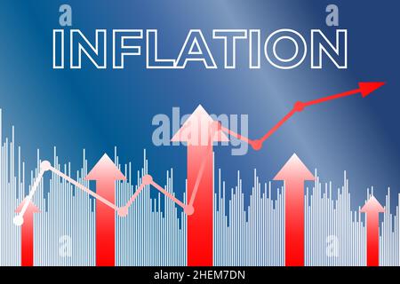 Die langfristige Inflation auf blauem Finanzhintergrund aus Spalten, roten Pfeilen. Finanzmarktkonzept Stock Vektor