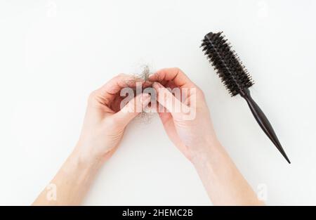 Haarausfall im Kamm, täglich ernstes Haarverlustproblem, auf weißem Hintergrund. Das Mädchen hält die gefallenen Haare in den Händen Stockfoto