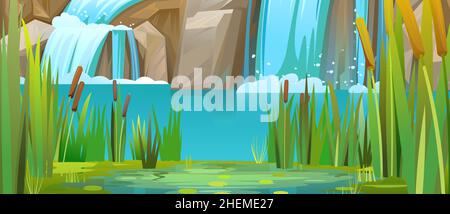 Sommerlandschaft mit Wasserfall zwischen Felsen. Kaskade schimmert nach unten. Schilf und Wasserpflanzen. Fließendes Wasser. Cooler Cartoon-Style. Vektor Stock Vektor