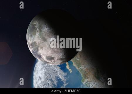Blick auf den Mond und den Planeten Erde aus dem All. Der Mond im Vordergrund, der Planet Erde im Hintergrund. Elemente dieses Bildes werden von der NASA eingerichtet Stockfoto