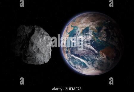 Planet Erde und großer Planet im Weltraum. Konzept eines potenziell gefährlichen Objekts (PHO). Elemente dieses Bildes, die von der NASA eingerichtet wurden. Stockfoto