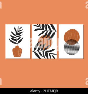 Botanisches Wandkunst-Vektorset. Tropical Foliage Linie Kunst Zeichnung mit abstrakter Form. Stock Vektor