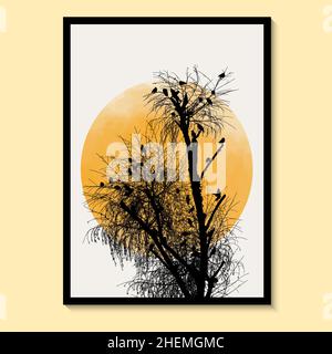 Abstrakter Baum und Vogel Sonne Gelbe Kunst Aquarell Wandmalerei Poster und Drucke Nordische Wandbilder Vektor-Kunstdruck. Stock Vektor