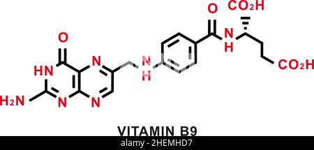 Vitamin B9 chemische Formel. Vitamin B9 chemische Molekülstruktur. Vektorgrafik Stock Vektor