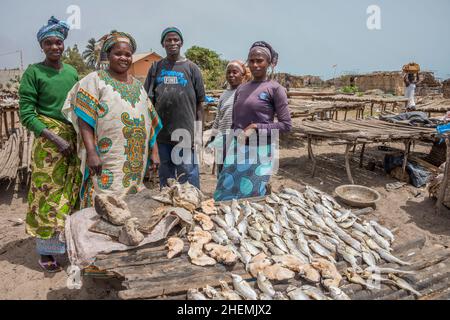 Eine Gruppe von Arbeitern in einer Fischtrocknungsanlage an der Küste von Sanyang in Gambia Stockfoto