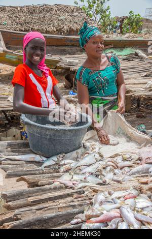 Mutter und Tochter in einer Fischtrocknungsanlage am Strand von Sanyang an der gambischen Küste Stockfoto