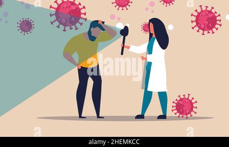 Covid 19-Test mit Ärztin. Coronavirus Diagnose Mensch und medizinische Symptome Vektor Illustration Konzept. Menschen Infektion Corona-Virus und Labor hos Stock Vektor