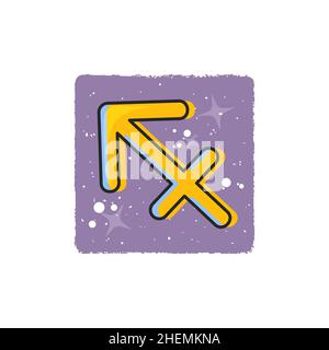 Schütze - Sternzeichen. Gelbes Cartoon-Symbol auf violettem Hintergrund. Stock Vektor