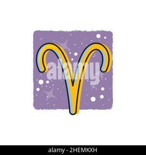 Widder - Sternzeichen. Cartoon-Symbol auf violettem Hintergrund. Horoskop-Zeichen. Stock Vektor