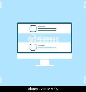 Online-Quiz. Desktop-PC mit Online-Quiz. Checkliste auf dem Bildschirm ausfüllen Stock Vektor