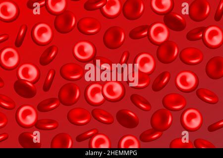 3D streamende Blutzellen auf rotem Hintergrund. Vektorgrafik. Gesundheitskonzept Stock Vektor