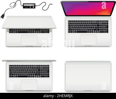 Laptop vollständig geöffnet, teilweise geöffnet und geschlossen Stock Vektor