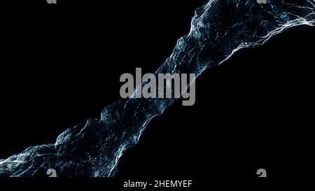 Flüssigkeit wie Wasser spinnt sich in einen Whirlpool oder Tornado. Der Flüssigkeitsfluss rotiert und bildet einen Wirbel. Wasserwirbel fließt auf dunklem Hintergrund. Wat Stockfoto