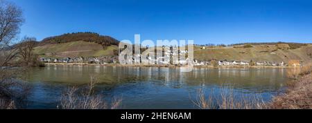 Malerisches Moseltalpanorama bei Rachtig mit Blick auf das Dorf Uerzig im hellen Morgenlicht Stockfoto