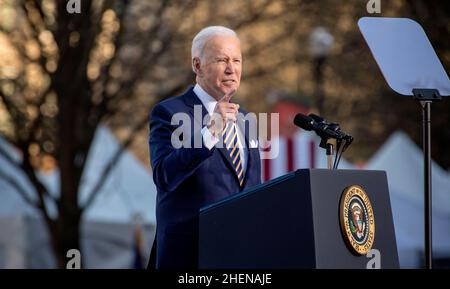 Atlanta, Georgia, USA. 11th Januar 2022. Präsident JOE BIDEN spricht über die Stimmrechte im Atlanta University Center Consortium auf dem Gelände der Clark Atlanta University und des Morehouse College der HBCU. (Foto: © Brian Cahn/ZUMA Press Wire) Stockfoto