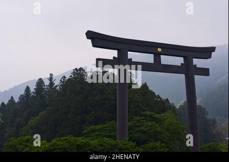 Das riesige Torii-Tor bei Kumano Hongu Taisha wird von Wald und den nebligen Hügeln, für die das Gebiet berühmt ist, unterlegt. Stockfoto