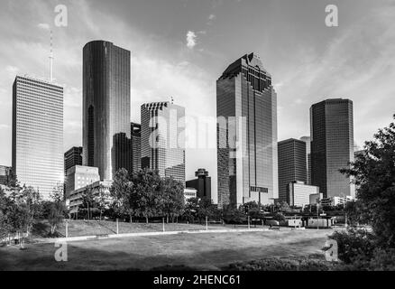 Skyline von Housto, Texas bei strahlendem Sonnenuntergang Stockfoto