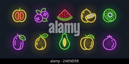 Neon Fruit Icon Zitrone Pfirsich Apfel Essen. Vektor Neon Früchte Zeichen isoliert Umriss Beere Stock Vektor