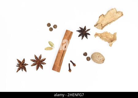 Glühwein-Set. Ein Set von Gewürzen für Glühwein auf weißem Hintergrund. Stockfoto