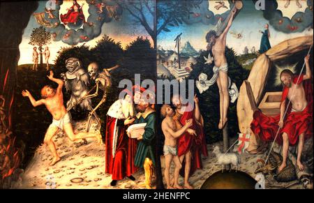 Allegorie von Recht und Gnade, Gemälde von Lucas Cranach. Auf der linken Seite Tod und der Teufel treiben einen Sünder in die Hölle, auf der rechten Seite die Auferstehung zeigt Leben ny die Gnade gottes. Stockfoto