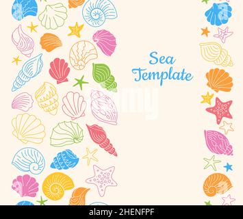 Muschelschalen Doodle Vorlage Hintergrund. Mehrfarbiger Hintergrund des Ozeans. Meeresmuschel nahtloses Muster, Seesterne Weichtier, Muschelbecken. Druck unter Wasser Umriss gezeichnet Design. Kontur Sammelalbum endlose Vektor Stock Vektor