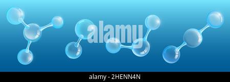 Abstrakte molekulare Struktur aus glänzenden Glaskugeln. Vector realistischer Satz von 3D Molekülen, chemischen oder biotechnologischen Modellen mit transparenten Kristallkugeln isoliert auf blauem Hintergrund Stock Vektor
