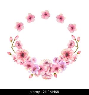 Ein Kranz aus frühlingsrosafarbenem Sakura blüht auf einem weißen, isolierten Hintergrund. Aquarelldarstellung Stockfoto