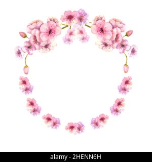 Ein Kranz aus frühlingsrosafarbenem Sakura blüht auf einem weißen, isolierten Hintergrund. Aquarelldarstellung Stockfoto