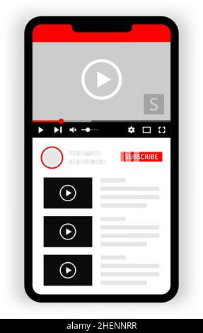 Smartphone mit Video-Player-App-Design. Mobile Elemente für die App-Schnittstelle des Videoplayers. Design der Social-Media-Benutzeroberfläche. Stock Vektor