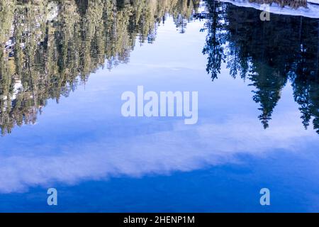 Blauer Himmel und wispige Wolken spiegeln sich im truckee River wider Stockfoto