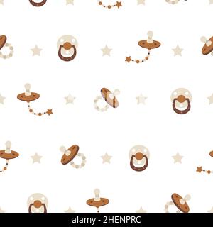 Nahtloses Muster mit Boho-Babyschnuller. Handgezeichnete Elemente für Kindertextilien, Geschenkpapier, Postkarten. Vektorgrafik in flacher Karikatur Stock Vektor