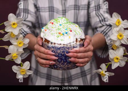 Ein großer Osterkuchen in den Händen. Stockfoto