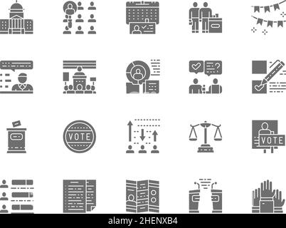 Satz von Abstimmung und Wahlen Graue Symbole. Gerichtsgebäude, Politischer Kandidat, Politiker, Erklärung, Debatten, Präsident, Wahlurne, Abstimmung und mehr. Pack Stock Vektor