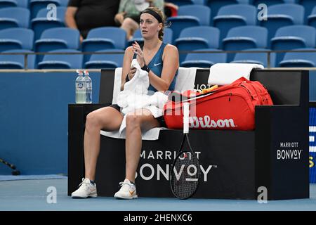 Sydney, Australien; 12th. Januar 2022: Ken Rosewall Arena, Sydney Olympic Park, Sydney, Australien; Sydney Tennis Classic, Tag 4: Petra Kvitova aus der Tschechoslowakei während einer Pause in ihrem Spiel gegen Ons Jabeur aus Tunesien Stockfoto