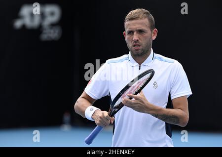 Sydney, Australien; 12th. Januar 2022: Sydney Olympic Park, Sydney, Australien; Sydney Tennis Classic, Tag 4: Daniel Evans aus Großbritannien während einer Spielpause gegen den Spanier Pedro Martinez Stockfoto