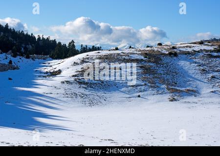 Verschneite Landschaft am Berg Parnassos, Griechenland Stockfoto