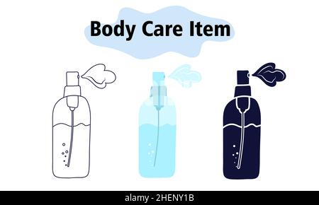 Körperspray mit einem angenehmen Aroma in einem blauen Glas mit einem Pulivilizer. Selbstversorgung. In Farbe, einfarbig und linear. Vektorgrafik. Stock Vektor