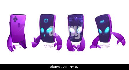 Niedliche Smartphone Charakter Vorder-und Rückansicht. Vektor-Set von Cartoon-Maskottchen, lustige Handy zeigen Daumen nach oben, gebrochen mit Rissen auf dem Bildschirm und Gadget mit voller Akkuanzeige Stock Vektor