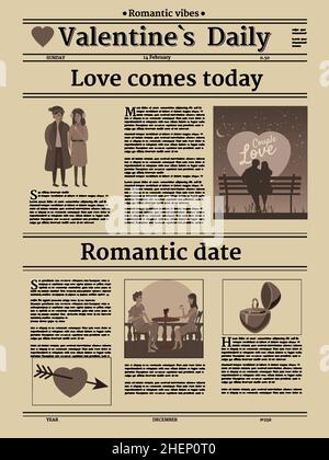 Valentine s day Zeitung, Titel Überschrift, unlesbarer Text, retro. Vektorgrafik Vintage Stock Vektor
