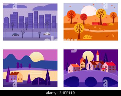 Jahreszeiten Landschaften Winter, Sommer, Herbst. Land, Berge, Feld, Stadt, Meer, Schnee, heiß, Regen, Nacht. Vektor-minimalistische flache Illustration Stock Vektor