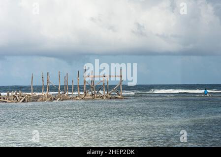 Siargao Insel am Tag nach dem zerstörerischen Taifun Odette, zerbrochene Häuser, umgestürzte Kokosnusspalmen, traurige Menschen, Sonnenaufgang und Straßen voller Müll Stockfoto