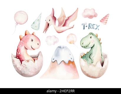 Aquarell niedlichen Dino. Dinosaurier Set isoliert auf einem weißen Hintergrund Hand gezeichnet Illustration, Baby Dusche Einladung Kinder Geburtstag jurassic Party. carto Stockfoto