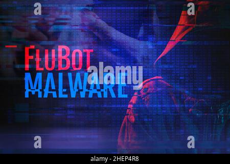 Flubot Malware-Konzept mit kapuztem Hacker- und Glitch-Effekt. Flubot ist Malware, die auf mobilen Plattformen verbreitet wird. Stockfoto