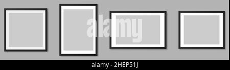 Realistische Bildrahmen-Mockup-Set. Vorlage für Bild, Malerei, Poster, Schriftzug oder Fotogalerie. Vektordarstellung auf grauem Hintergrund isoliert Stock Vektor