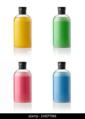 Set aus farbigen Plastikflaschen für Körperpflege und Kosmetik Stockfoto